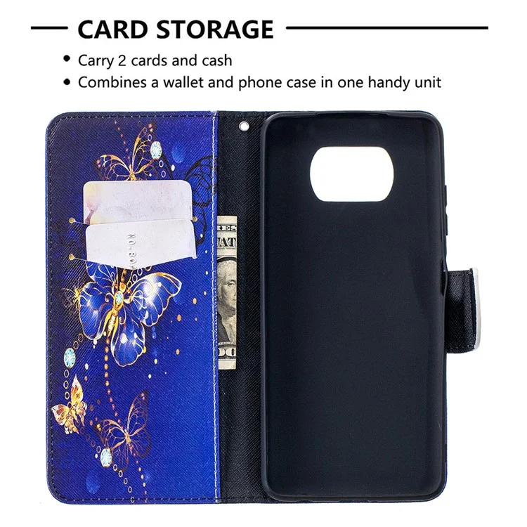 Pattern Printing Wallet Stand Flip Leather Phone Shell for Xiaomi Poco X3 / Poco X3 NFC - Dark Blue Butterfly