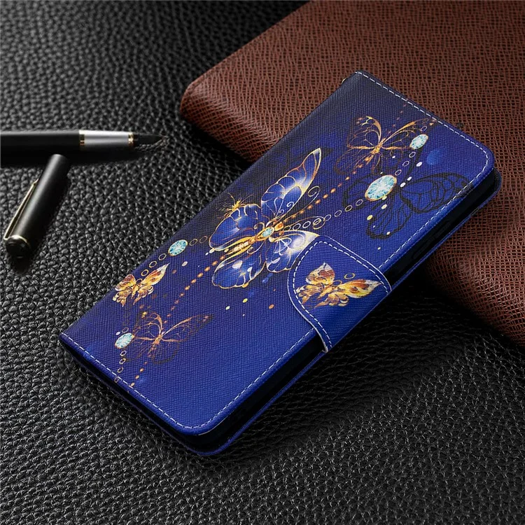 Funda de teléfono de piel con estampado y soporte para Xiaomi Poco X3 / Poco X3 NFC - Mariposa azul oscura