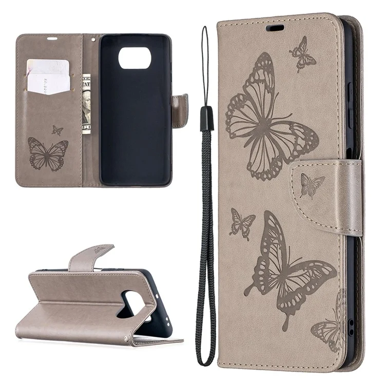 Imprint Butterflies Pattern Wallet Stand Leather Cover for Xiaomi Poco X3 / Poco X3 NFC - Grey