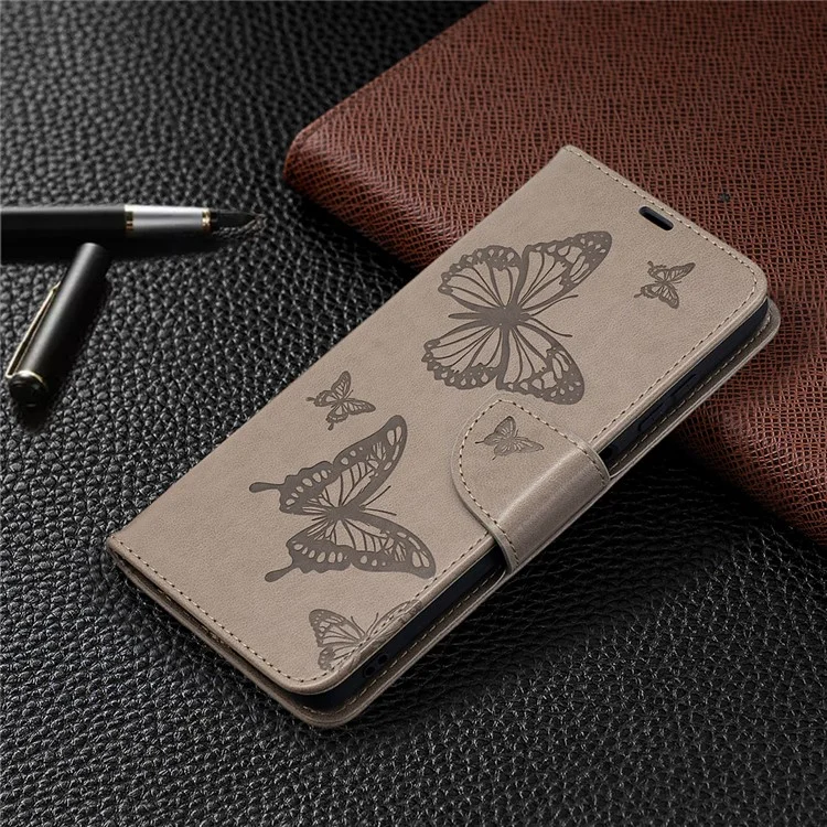 Imprint Butterflies Pattern Wallet Stand Leather Cover for Xiaomi Poco X3 / Poco X3 NFC - Grey