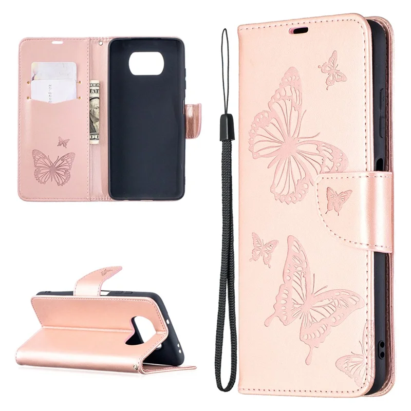 Imprint Butterflies Pattern Wallet Stand Leather Cover for Xiaomi Poco X3 / Poco X3 NFC - Rose Gold