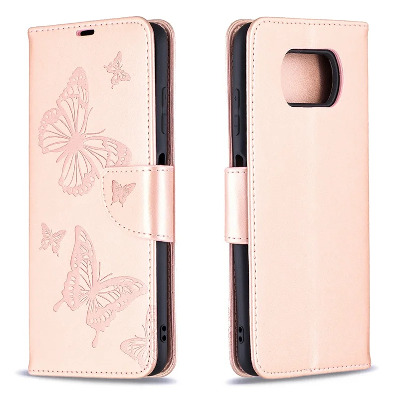 Imprint Butterflies Pattern Wallet Stand Leather Cover for Xiaomi Poco X3 / Poco X3 NFC - Rose Gold