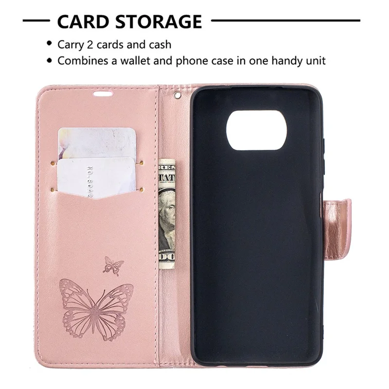 Imprint Butterflies Pattern Wallet Stand Leather Cover for Xiaomi Poco X3 / Poco X3 NFC - Rose Gold