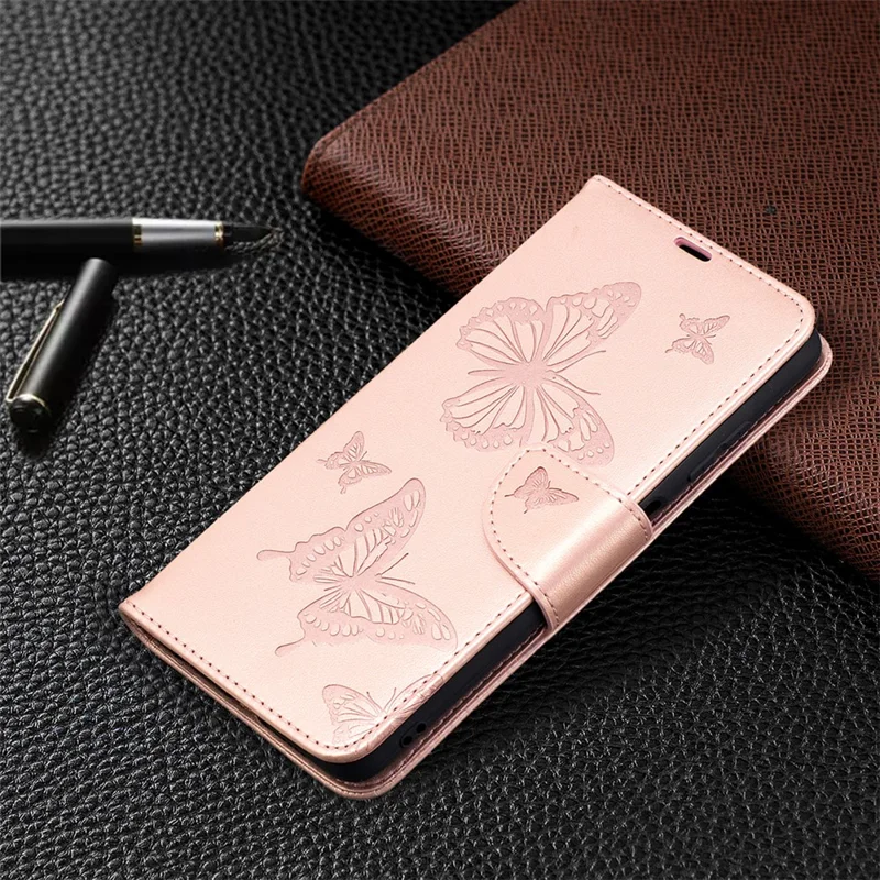 Imprint Butterflies Pattern Wallet Stand Leather Cover for Xiaomi Poco X3 / Poco X3 NFC - Rose Gold