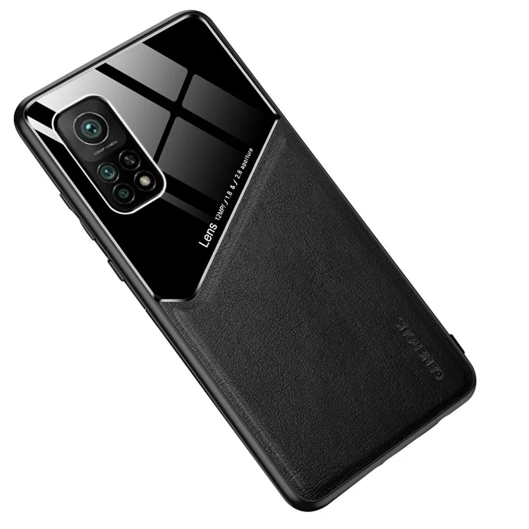 Capa híbrida para Xiaomi Mi 10T Pro 5G com folha de metal magnética integrada, revestimento de couro e carcaça de PC e TPU - Preta
