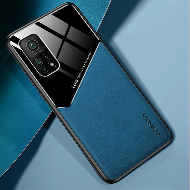 Hybrid Case for Xiaomi Mi 10T Pro 5G Built-in Magnetic Metal Sheet Leather Coated Glass PC TPU Shell - Blue