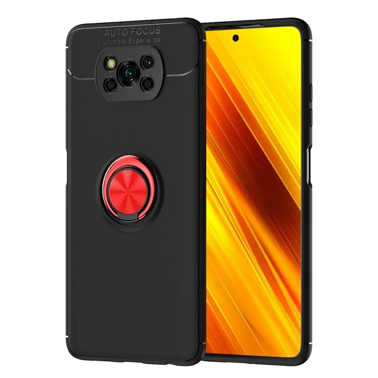 For Xiaomi Poco X3 NFC/Poco X3/Poco X3 Pro Rotating Holder Kickstand Magnetic Shockproof Soft TPU Cover Case - Black / Red