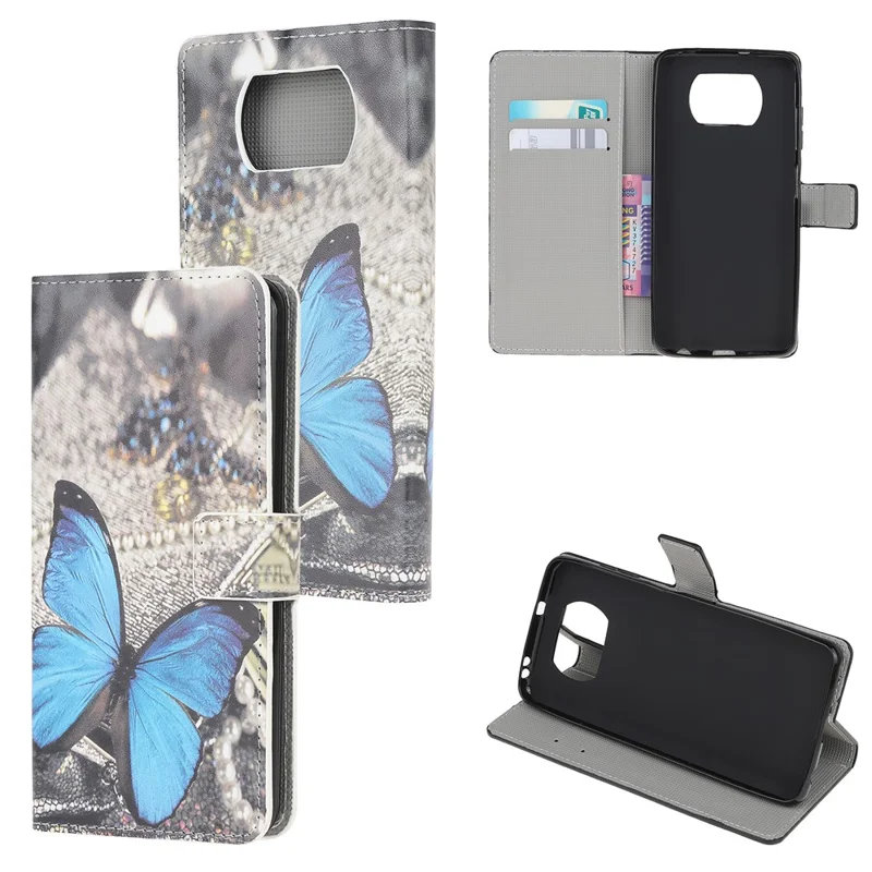 Pattern Printing PU Leather Wallet Stand Cover Case for Xiaomi Poco X3 NFC / Poco X3 - Blue Butterfly