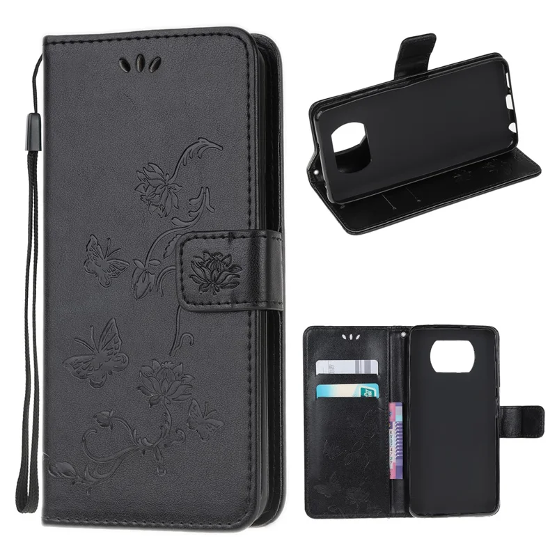 Protetor de Telefone de Couro de Flor e Borboleta Duplamente Elegante Para Xiaomi Poco X3/poco X3 Nfc - Preto