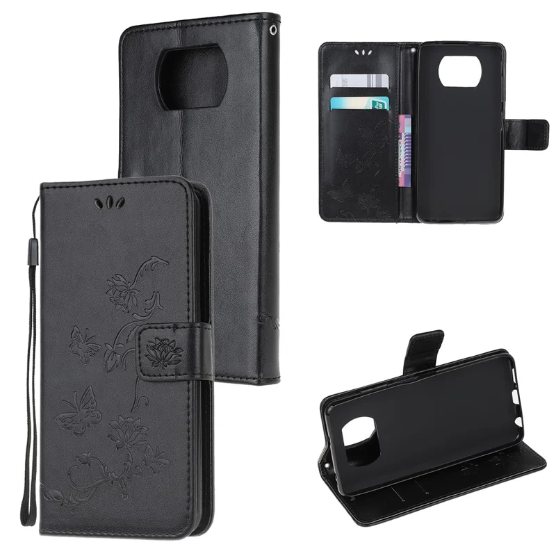 Protetor de Telefone de Couro de Flor e Borboleta Duplamente Elegante Para Xiaomi Poco X3/poco X3 Nfc - Preto