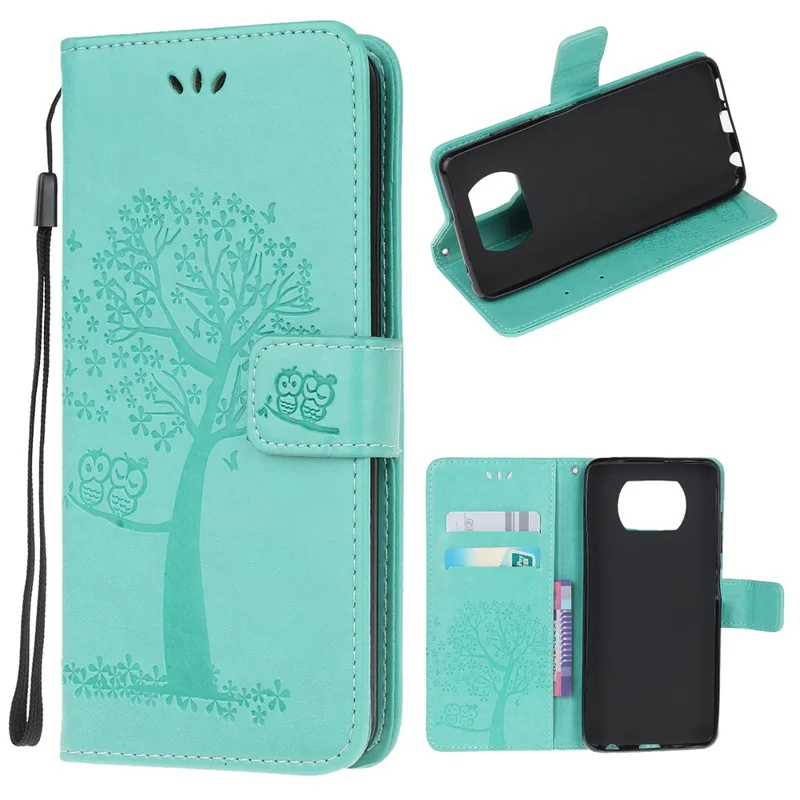 Stylish Imprint Tree and Owls Wallet Leather Phone Protector for Xiaomi Poco X3/Poco X3 NFC - Cyan