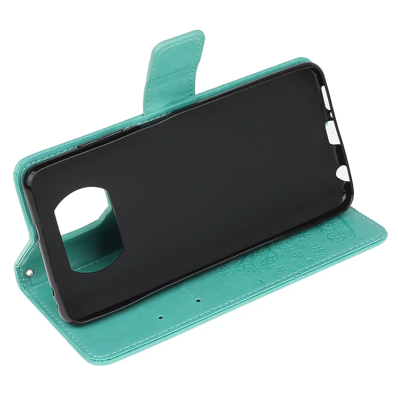 Stylish Imprint Tree and Owls Wallet Leather Phone Protector for Xiaomi Poco X3/Poco X3 NFC - Cyan