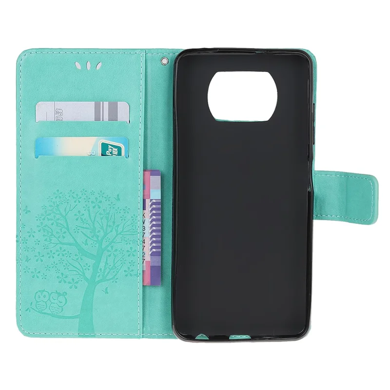 Stylish Imprint Tree and Owls Wallet Leather Phone Protector for Xiaomi Poco X3/Poco X3 NFC - Cyan