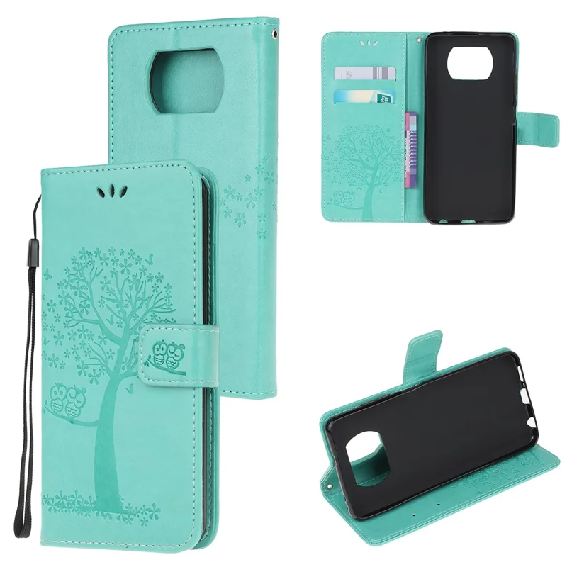 Stylish Imprint Tree and Owls Wallet Leather Phone Protector for Xiaomi Poco X3/Poco X3 NFC - Cyan