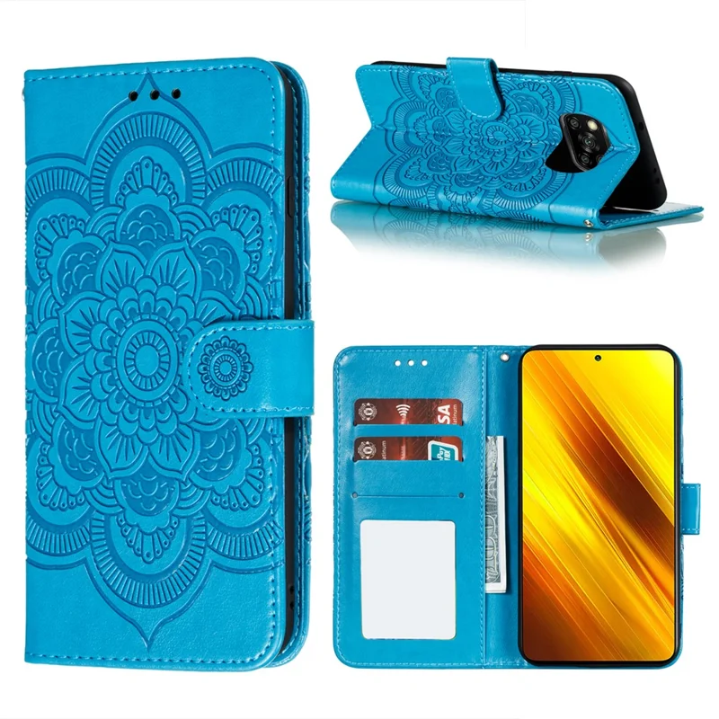 غطاء واقي من الجلد بنمط زهرة الماندالا المطبوعة لجهاز Xiaomi Poco X3 NFC / Poco X3 - أزرق