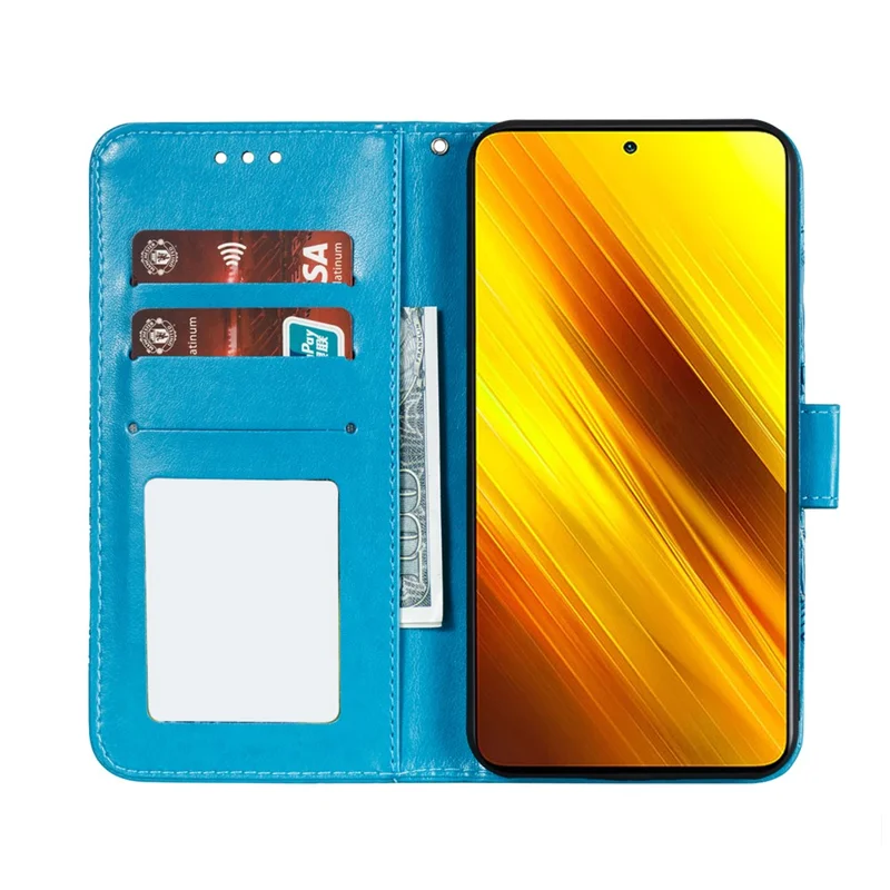 غطاء واقي من الجلد بنمط زهرة الماندالا المطبوعة لجهاز Xiaomi Poco X3 NFC / Poco X3 - أزرق