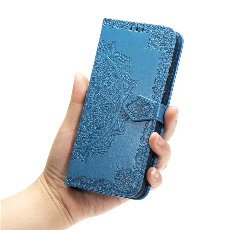 Für Xiaomi Redmi 9C/Redmi 9C NFC -geprägter Mandala Blumenlederständer Telefon Brieftasche - Blau