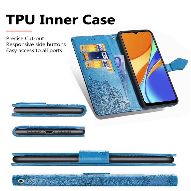 Для Xiaomi Redmi 9C/Redmi 9C NFC Тиснёный Мандала Цветок Кожаный Стенд Кошелёк Чехол - Синий