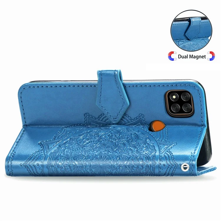 Für Xiaomi Redmi 9C/Redmi 9C NFC -geprägter Mandala Blumenlederständer Telefon Brieftasche - Blau