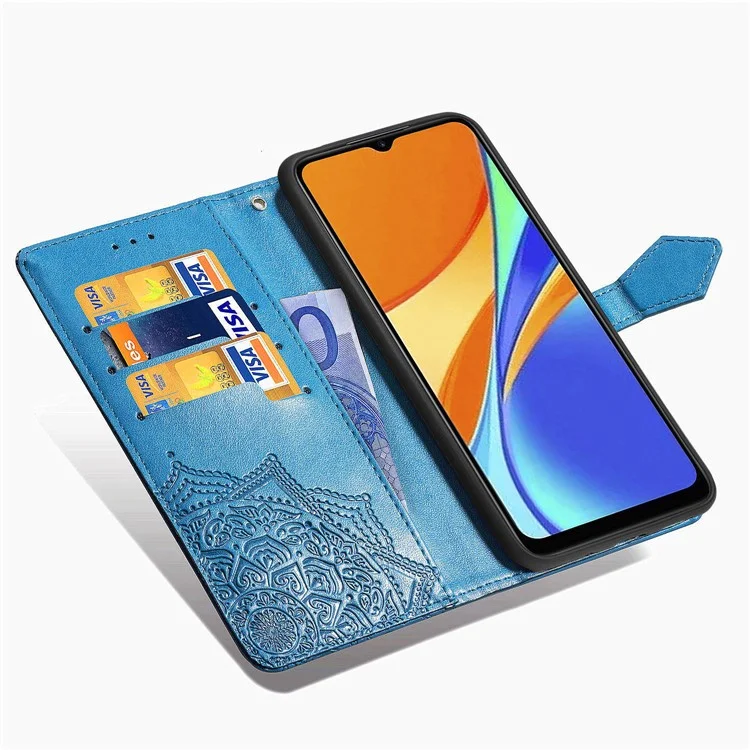 Für Xiaomi Redmi 9C/Redmi 9C NFC -geprägter Mandala Blumenlederständer Telefon Brieftasche - Blau