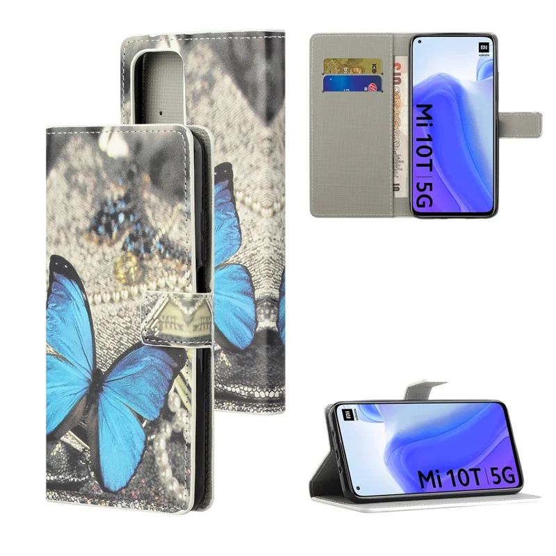 Pattern Printing PU Leather Wallet Stand Protector Cover for Xiaomi Mi 10T 5G/10T Pro 5G/Redmi K30S - Blue Butterfly