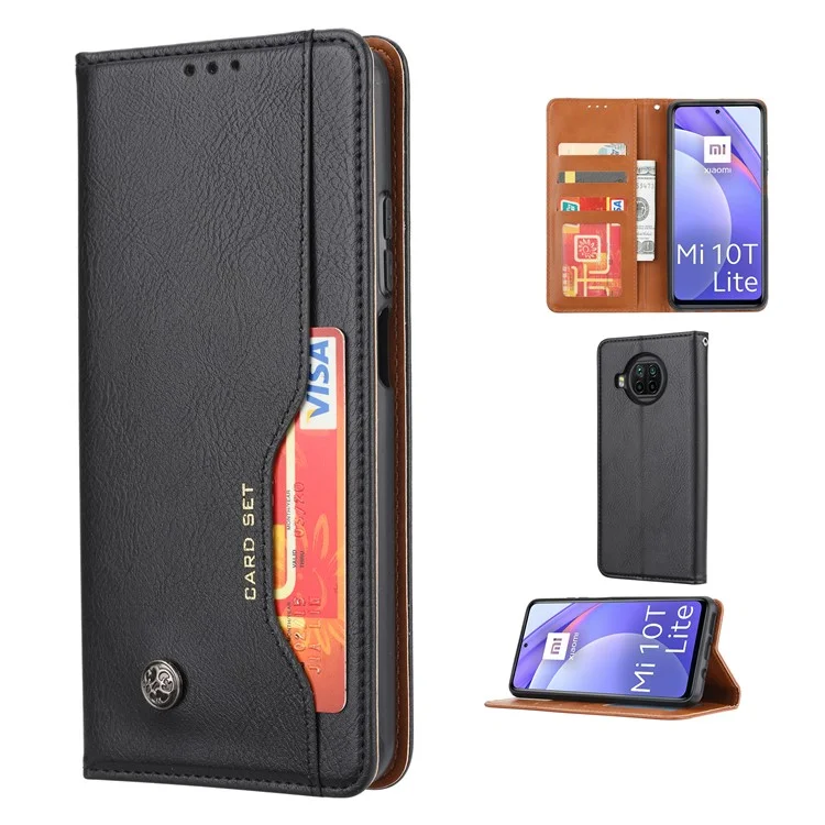 Capa De Couro Magnético Carteira Stand Thone Shell Com Carteira Interna E Suporte De Cartão Externo Para Xiaomi Mi 10T Lite 5G / Redmi Nota 9 Pro 5G / Mi 10i 5G - Preto