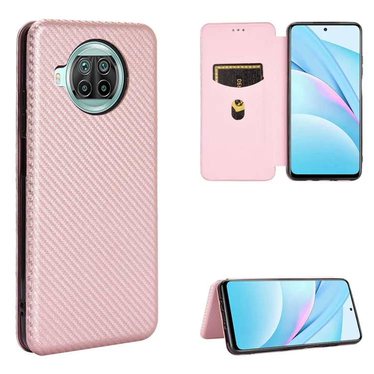 Kohlefaser Textur Auto-absorbiertes Kartenschlitzspiegel-leder-hülle Für Xiaomi Mi 10T Lite 5g/mi 10i 5G/Redmi Note 9 Pro 5g - Rosa