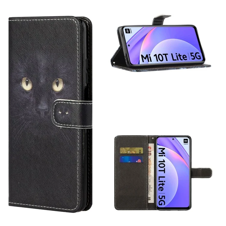 Modèle de Texture Croisée Shell D'impression Pour Xiaomi Mi 10T Lite 5G / Redmi Note 9 Pro 5G / Mi 10i 5G Portefeuille Couverture de Cuir - Chat Noir