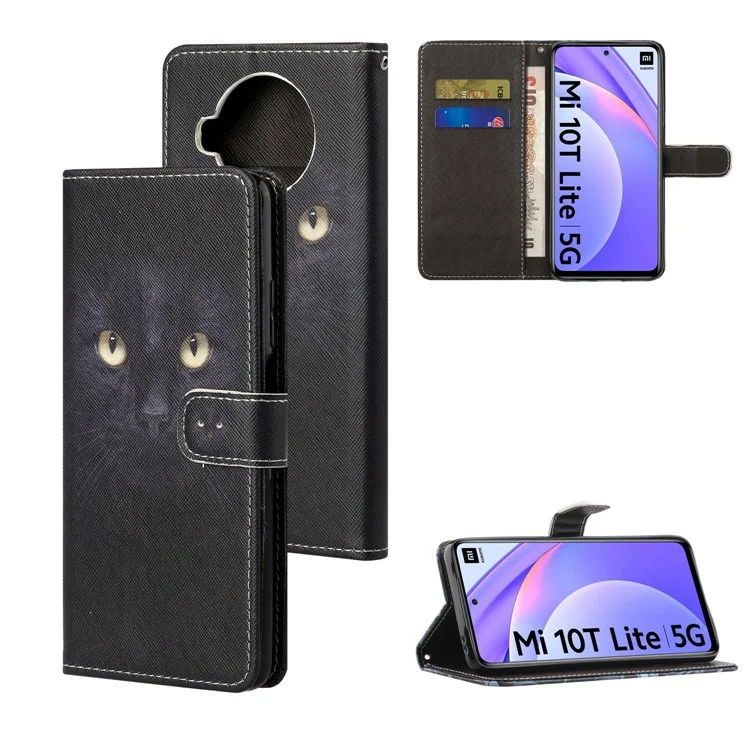 Cross Texture Pattern Printing Stand Shell for Xiaomi Mi 10T Lite 5G/Redmi Note 9 Pro 5G/Mi 10i 5G Wallet Leather Cover - Black Cat