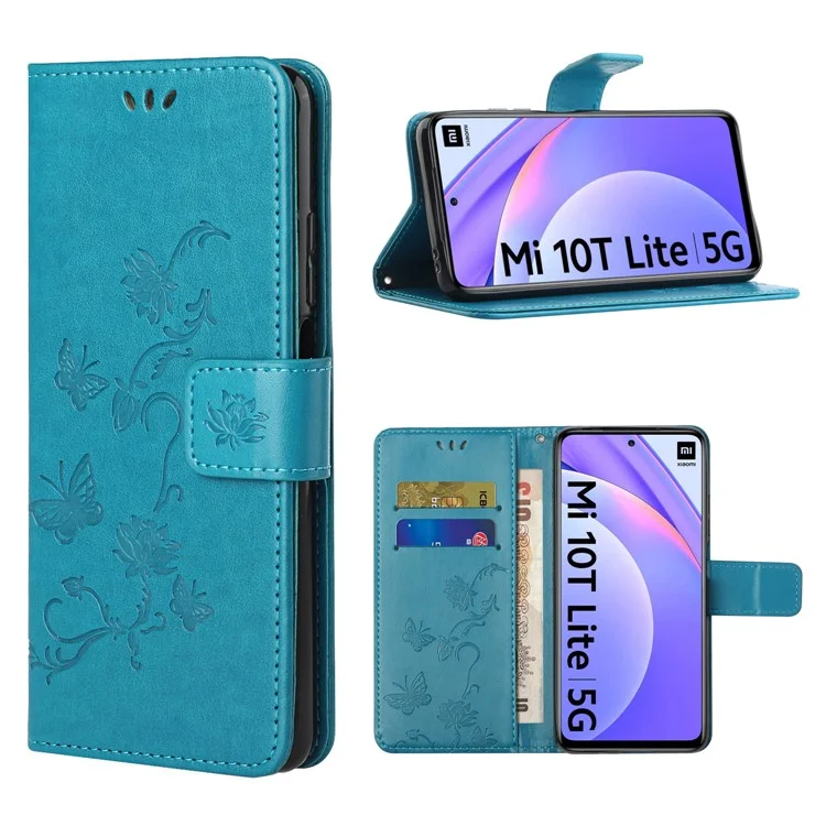Imprint Butterfly Flowers Leather Wallet Case Cover for Xiaomi Mi 10T Lite 5G/Mi 10i 5G/Redmi Note 9 Pro 5G - Blue
