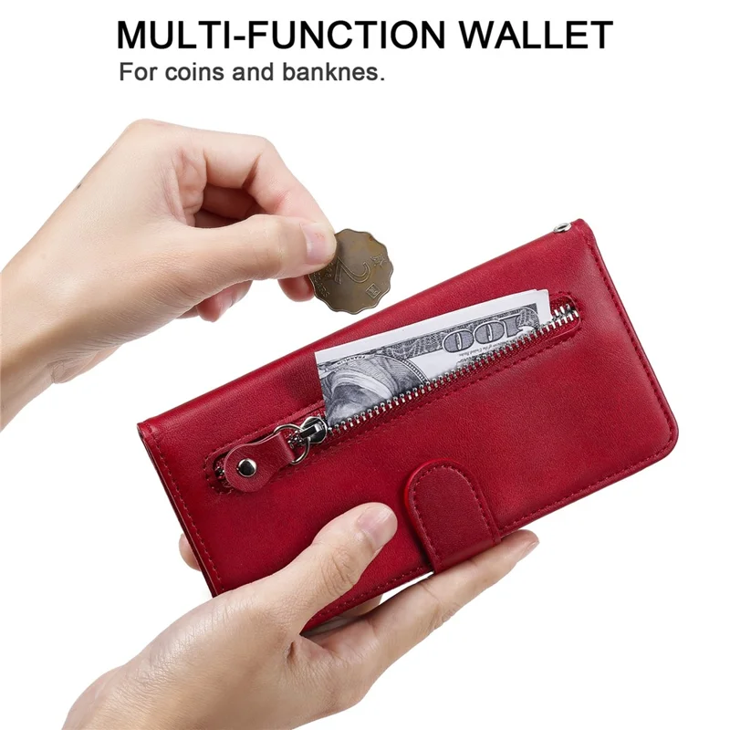 Zipper Pocket Leather Wallet Stand Case for Xiaomi Poco X3 / Poco X3 NFC - Red