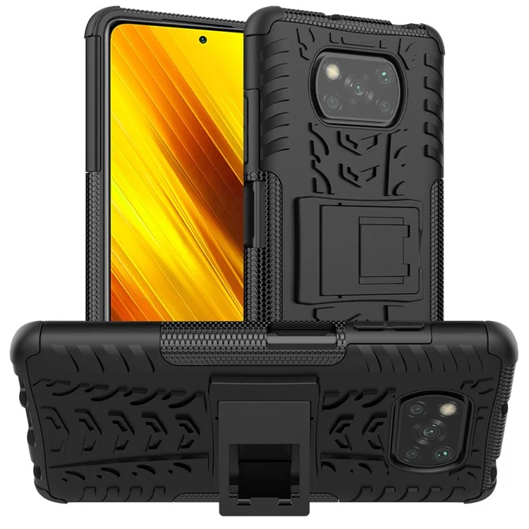 Fall Tire PC + TPU Hybrid Case Para Xiaomi Poco X3/Poco X3 NFC Kickstand - Todo Negro