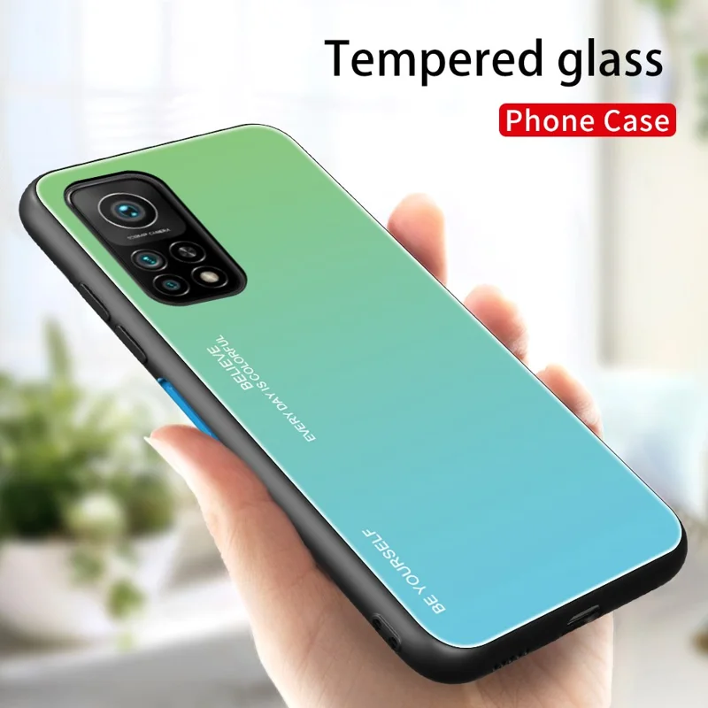 Gradient Pattern Painted Tempered Glass Cell Phone Case for Xiaomi Mi 10T 5G/Mi 10T Pro 5G / Redmi K30S - Light Green/Light Blue