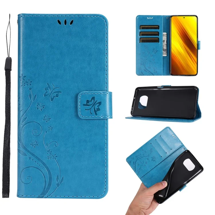 Impresión de Estuche de Cuero de Flor de Mariposa Con Correa Para Xiaomi Poco X3 NFC / Poco X3 - Azul