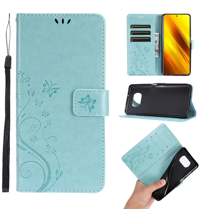Imprint Butterfly Flower Leather Case with Strap for Xiaomi Poco X3 NFC / Poco X3 - Green