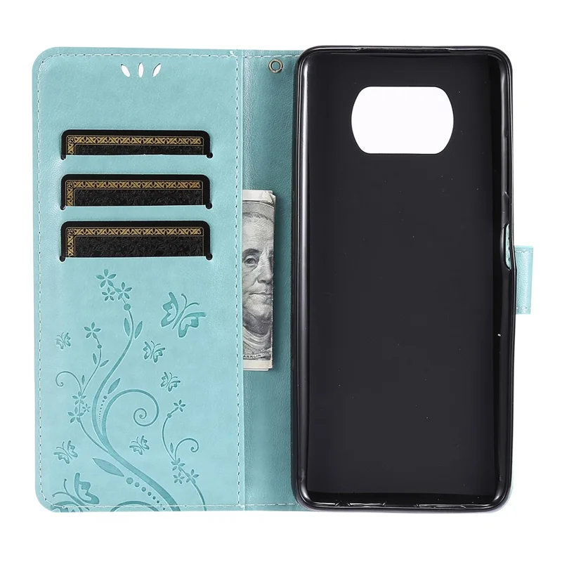 Imprint Butterfly Flower Leather Case with Strap for Xiaomi Poco X3 NFC / Poco X3 - Green