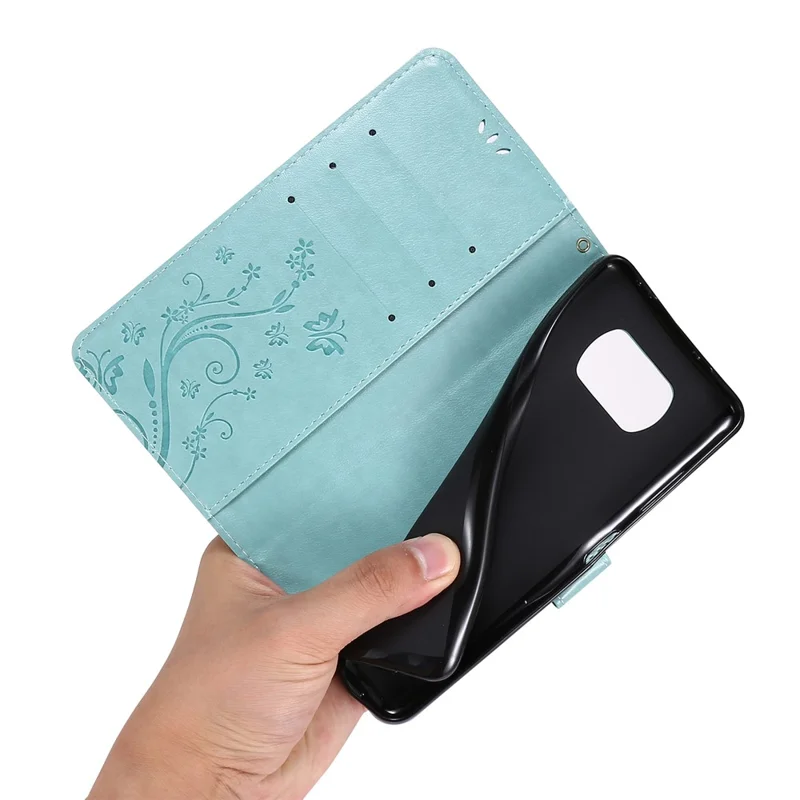 Imprint Butterfly Flower Leather Case with Strap for Xiaomi Poco X3 NFC / Poco X3 - Green