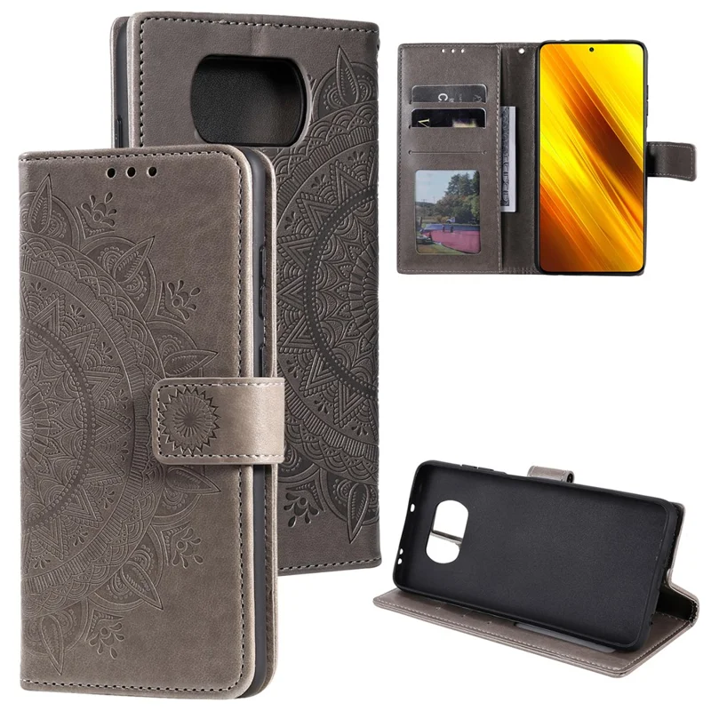 Imprinted Mandala Flower Wallet Leather Case with Strap for Xiaomi Poco X3 NFC / Poco X3 / X3 pro - Grey