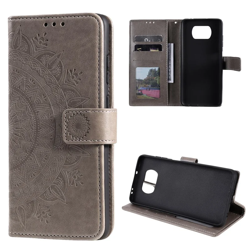 Imprinted Mandala Flower Wallet Leather Case with Strap for Xiaomi Poco X3 NFC / Poco X3 / X3 pro - Grey