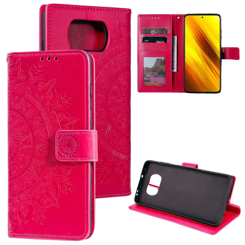 Imprinted Mandala Flower Wallet Leather Case with Strap for Xiaomi Poco X3 NFC / Poco X3 / X3 pro - Rose