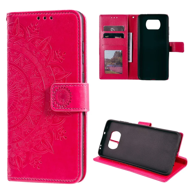 Imprinted Mandala Flower Wallet Leather Case with Strap for Xiaomi Poco X3 NFC / Poco X3 / X3 pro - Rose