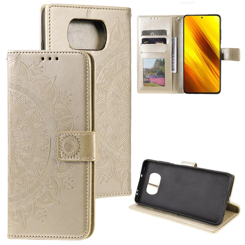Imprinted Mandala Flower Wallet Leather Case with Strap for Xiaomi Poco X3 NFC / Poco X3 / X3 pro - Gold