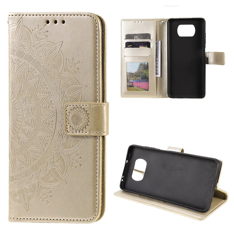 Imprinted Mandala Flower Wallet Leather Case with Strap for Xiaomi Poco X3 NFC / Poco X3 / X3 pro - Gold