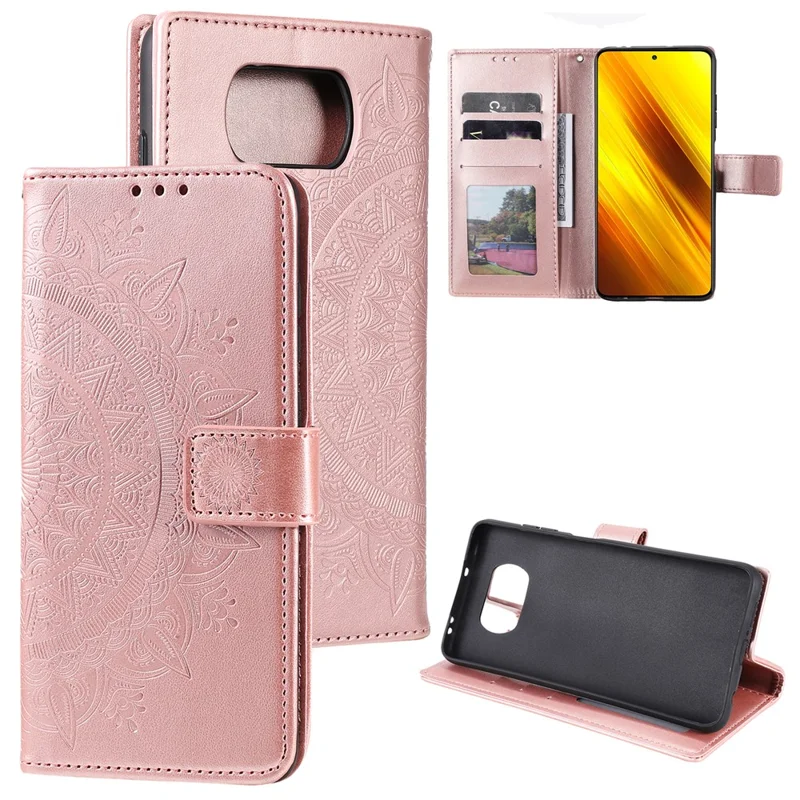 Étui en Cuir de Portefeuille de Fleurs Mandala Imprimé Avec Sangle Pour Xiaomi Poco X3 NFC / Poco X3 / X3 pro - or Rose