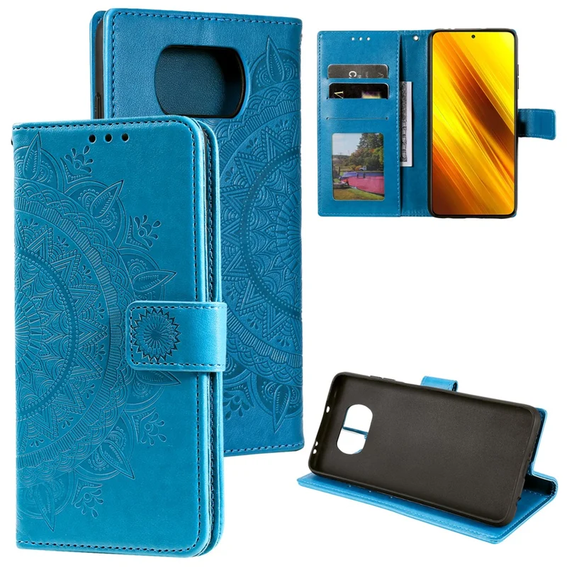 Imprinted Mandala Flower Wallet Leather Case with Strap for Xiaomi Poco X3 NFC / Poco X3 / X3 pro - Blue