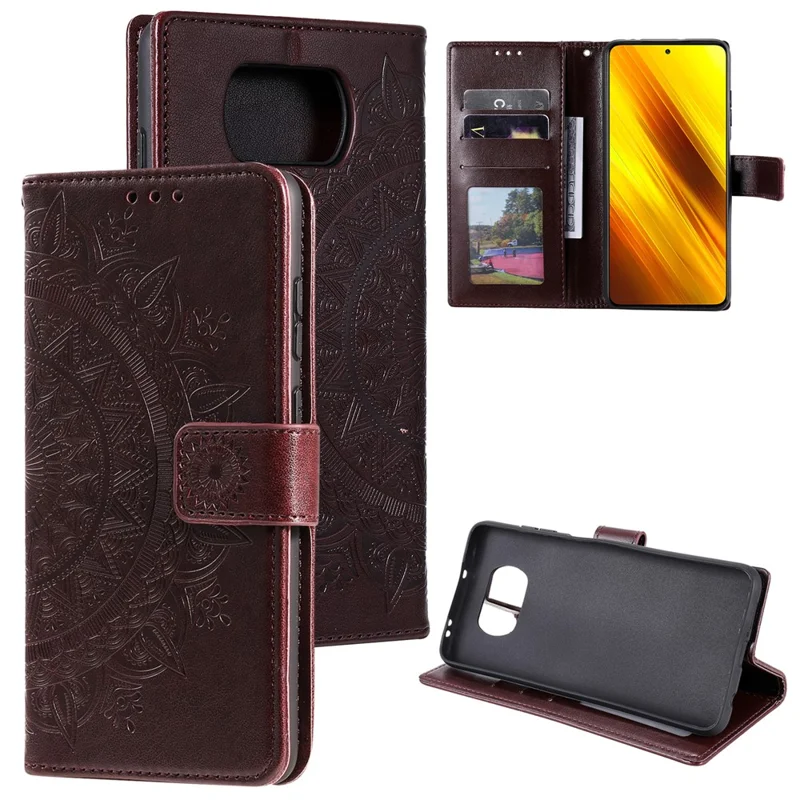 Imprinted Mandala Flower Wallet Leather Case with Strap for Xiaomi Poco X3 NFC / Poco X3 / X3 pro - Brown