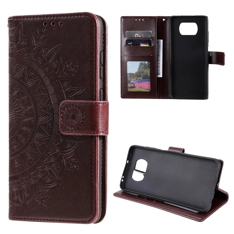 Imprinted Mandala Flower Wallet Leather Case with Strap for Xiaomi Poco X3 NFC / Poco X3 / X3 pro - Brown
