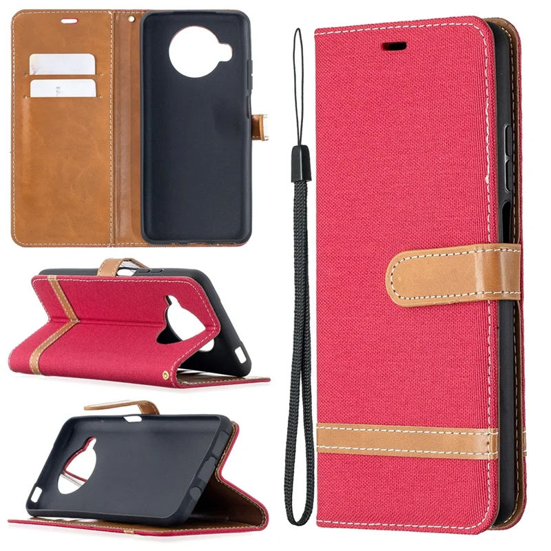 Color Splicing Jeans Cloth Texture Wallet Leather Shell for Xiaomi Mi 10T Lite 5G/Redmi Note 9 Pro 5G/Mi 10i 5G/Mi 10i 5G Phone Case - Red