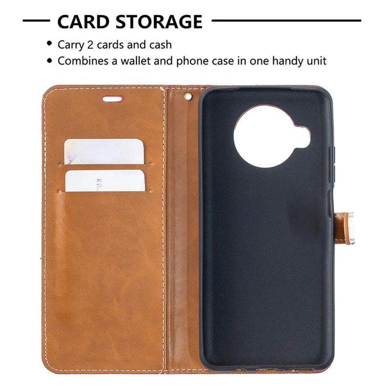 Color Splicing Jeans Cloth Texture Wallet Leather Shell for Xiaomi Mi 10T Lite 5G/Redmi Note 9 Pro 5G/Mi 10i 5G/Mi 10i 5G Phone Case - Red