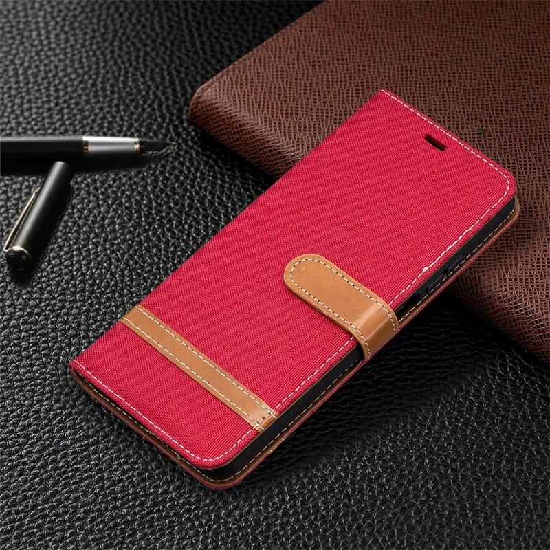 Color Splicing Jeans Cloth Texture Wallet Leather Shell for Xiaomi Mi 10T Lite 5G/Redmi Note 9 Pro 5G/Mi 10i 5G/Mi 10i 5G Phone Case - Red